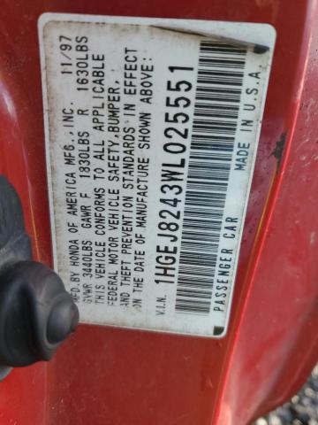 1HGEJ8243WL025551 - 1998 HONDA CIVIC EX RED photo 12