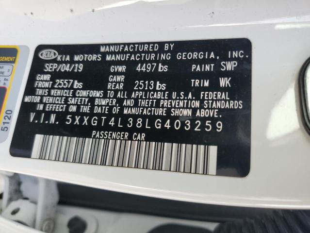 5XXGT4L38LG403259 - 2020 KIA OPTIMA LX WHITE photo 12