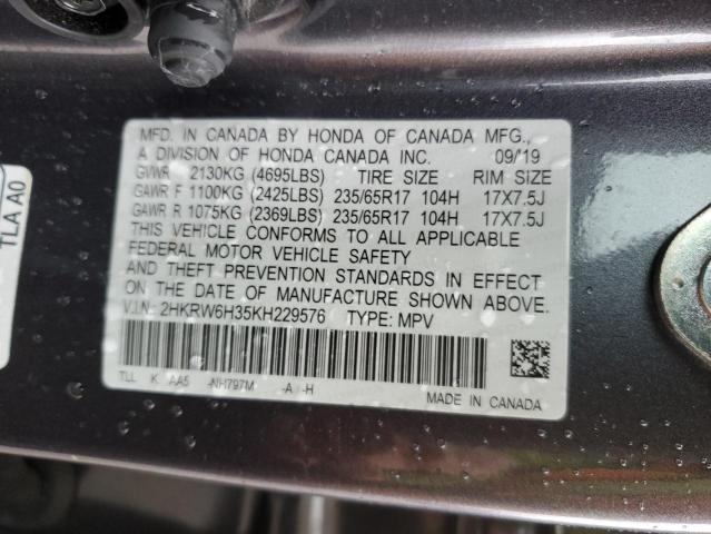 2HKRW6H35KH229576 - 2019 HONDA CR-V LX GRAY photo 12