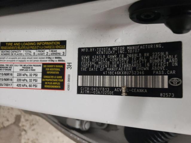 4T1BE46KX8U752346 - 2008 TOYOTA CAMRY CE WHITE photo 12