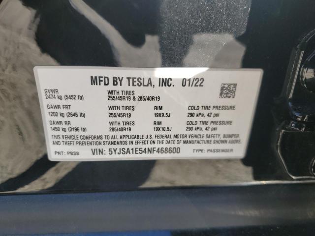 5YJSA1E54NF468600 - 2022 TESLA MODEL S BLACK photo 12