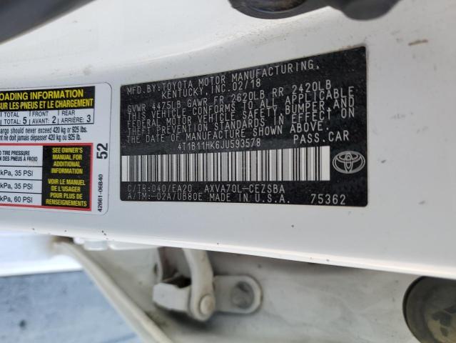 4T1B11HK6JU593578 - 2018 TOYOTA CAMRY L WHITE photo 12