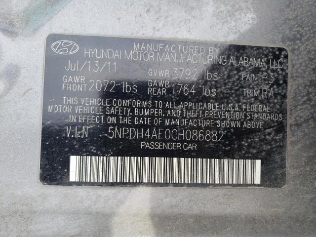 5NPDH4AE0CH086882 - 2012 HYUNDAI ELANTRA GLS GRAY photo 12