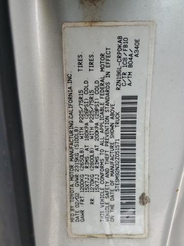 5TESM92N32Z051571 - 2002 TOYOTA TACOMA XTRACAB PRERUNNER ვერცხლისფერი ფოტო 12