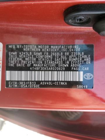 4T4BF3EK5AR020629 - 2010 TOYOTA CAMRY BASE RED photo 12