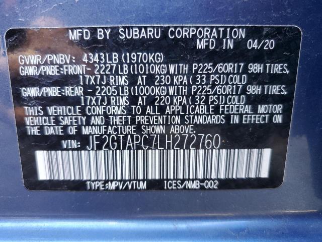 JF2GTAPC7LH272760 - 2020 SUBARU CROSSTREK PREMIUM BLUE photo 13