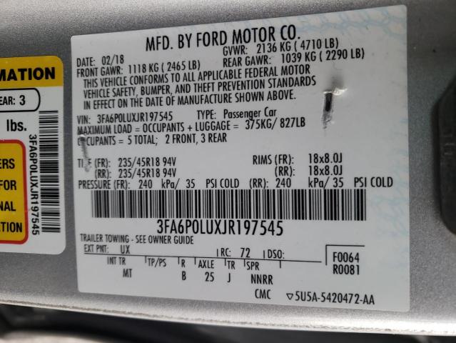 3FA6P0LUXJR197545 - 2018 FORD FUSION SE HYBRID SILVER photo 12