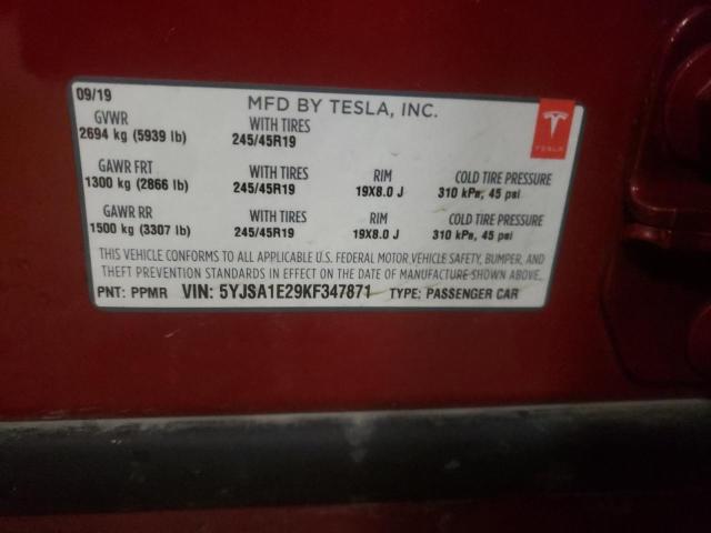 5YJSA1E29KF347871 - 2019 TESLA MODEL S Qırmızı foto 12