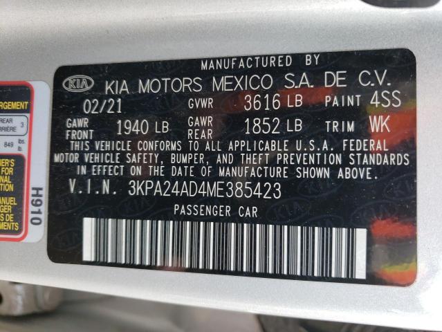 3KPA24AD4ME385423 - 2021 KIA RIO LX SILVER photo 12