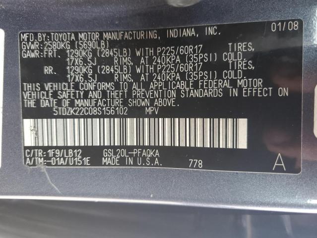 5TDZK22C08S156102 - 2008 TOYOTA SIENNA XLE BLUE photo 13