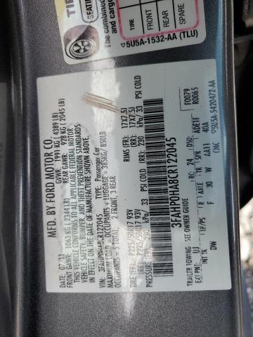 3FAHP0HA8CR122045 - 2012 FORD FUSION SE GRAY photo 12