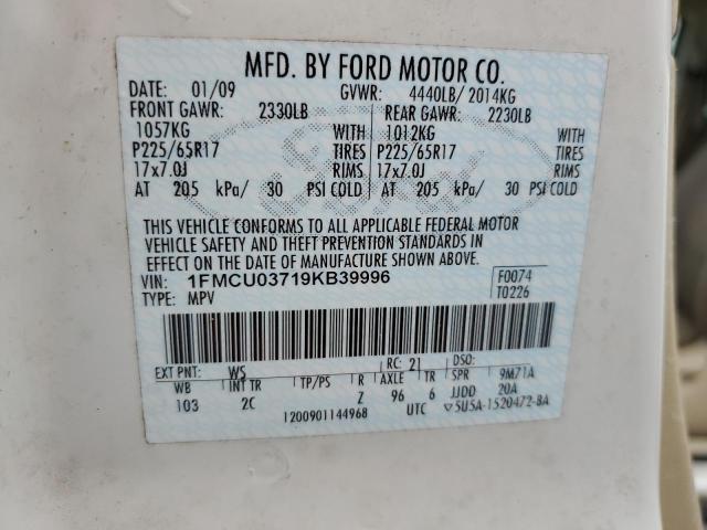 1FMCU03719KB39996 - 2009 FORD ESCAPE XLT WHITE photo 13