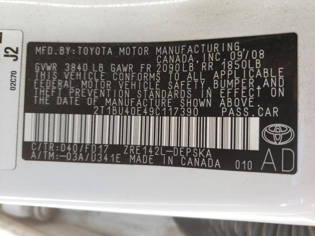 2T1BU40E49C117390 - 2009 TOYOTA COROLLA BASE WHITE photo 13