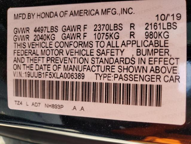 19UUB1F5XLA006389 - 2020 ACURA TLX TECHNOLOGY შავი ფოტო 10