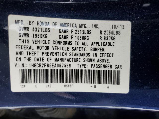 1HGCR2F86EA067569 - 2014 HONDA ACCORD EXL BLUE photo 12