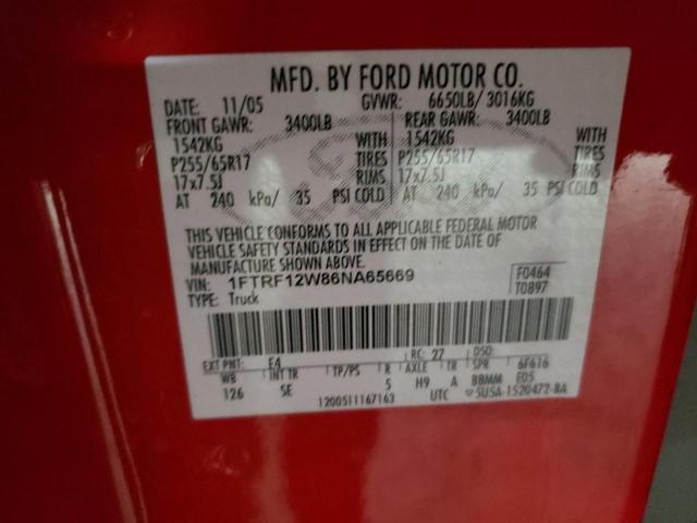 1FTRF12W86NA65669 - 2006 FORD F150 RED photo 12