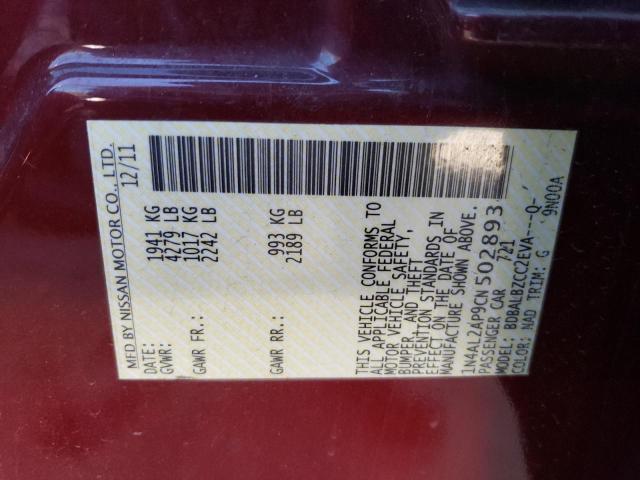 1N4AL2AP9CN502893 - 2012 NISSAN ALTIMA BASE MAROON photo 12