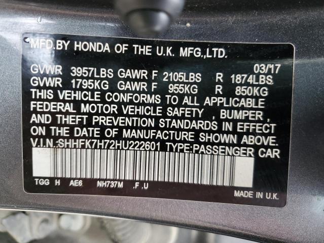 SHHFK7H72HU222601 - 2017 HONDA CIVIC EXL GRAY photo 12