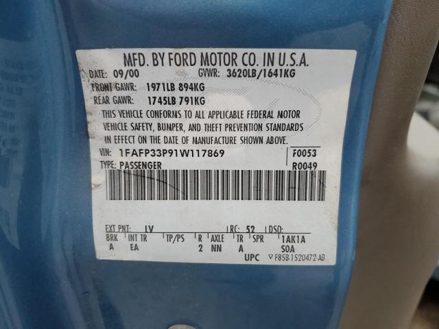 1FAFP33P91W117869 - 2001 FORD FOCUS LX BLUE photo 13