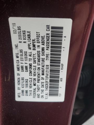 1HGCR2F70FA121506 - 2015 HONDA ACCORD EX BURGUNDY photo 12