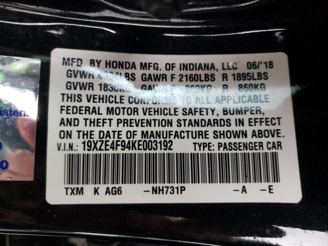 19XZE4F94KE003192 - 2019 HONDA INSIGHT TOURING BLACK photo 12