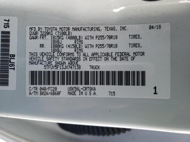 5TFUY5F13JX747138 - 2018 TOYOTA TUNDRA DOUBLE CAB SR/SR5 WHITE photo 12