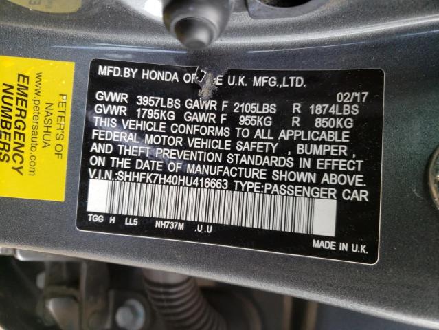 SHHFK7H40HU416663 - 2017 HONDA CIVIC SPORT 灰色 照片 12