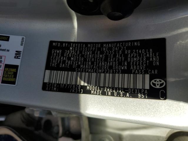 5YFEPMAE0MP238123 - 2021 TOYOTA COROLLA LE SILVER photo 12