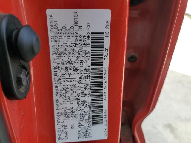 3TMJU62N78M055655 - 2008 TOYOTA TACOMA DOUBLE CAB PRERUNNER RED photo 12