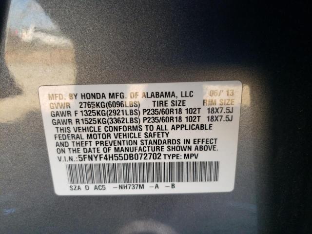 5FNYF4H55DB072702 - 2013 HONDA PILOT EXL GRAY photo 13