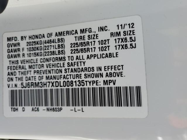 5J6RM3H7XDL008135 - 2013 HONDA CR-V EXL WHITE photo 13