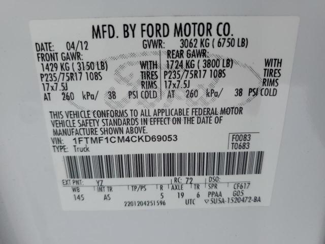 1FTMF1CM4CKD69053 - 2012 FORD F150 WHITE photo 12