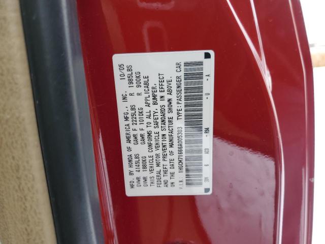 1HGCM71666A005303 - 2006 HONDA ACCORD EX RED photo 12