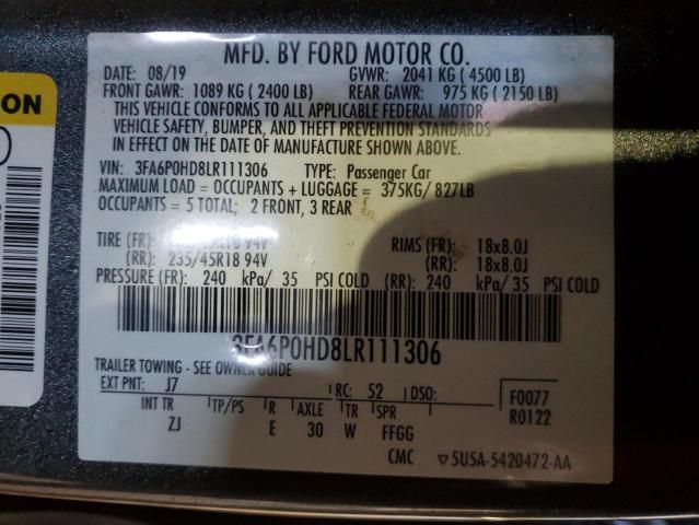 3FA6P0HD8LR111306 - 2020 FORD FUSION SE GRAY photo 12