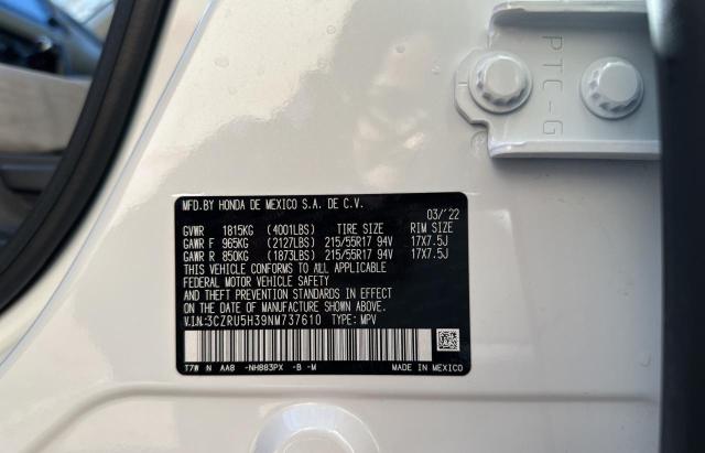 3CZRU5H39NM737610 - 2022 HONDA HR-V LX WHITE photo 10