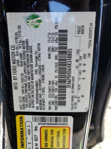 3FA6P0HD6HR348805 - 2017 FORD FUSION SE BLACK photo 12