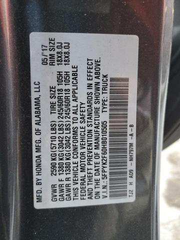 5FPYK2F60HB010505 - 2017 HONDA RIDGELINE RTL GRAY photo 12