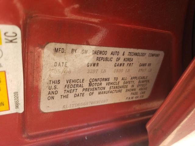 KL1TD66687B691087 - 2007 CHEVROLET AVEO BASE Bordo foto 12