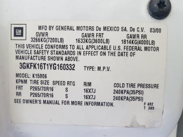 3GKFK16T1YG160332 - 2000 GMC YUKON XL K1500  photo 10