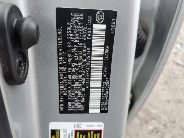 4T1BE46K48U238346 - 2008 TOYOTA CAMRY CE SILVER photo 12