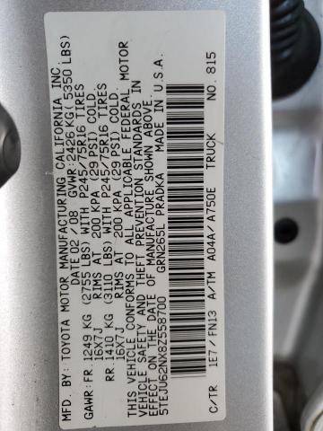 5TEJU62NX8Z558700 - 2008 TOYOTA TACOMA DOUBLE CAB PRERUNNER SILVER photo 12