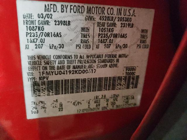 1FMYU04192KD00617 - 2002 FORD ESCAPE XLT RED photo 13