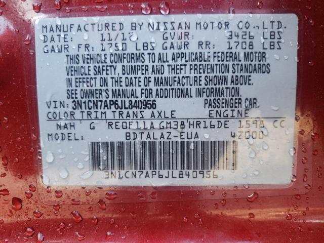 3N1CN7AP6JL840956 - 2018 NISSAN VERSA S RED photo 12