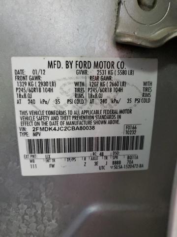 2FMDK4JC2CBA80038 - 2012 FORD EDGE SEL SILVER photo 13