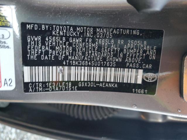 4T1BK36B45U017635 - 2005 TOYOTA AVALON XL GRAY photo 12