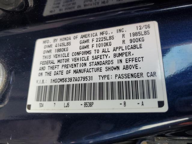 1HGCM56397A079531 - 2007 HONDA ACCORD SE BLUE photo 12