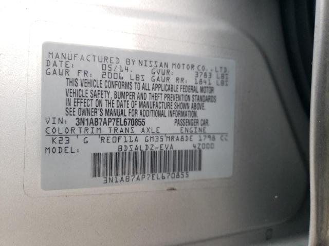 3N1AB7AP7EL670855 - 2014 NISSAN SENTRA S SILVER photo 12