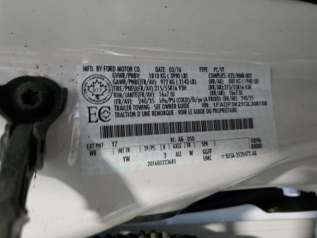 1FADP3K21GL308158 - 2016 FORD FOCUS SE WHITE photo 12