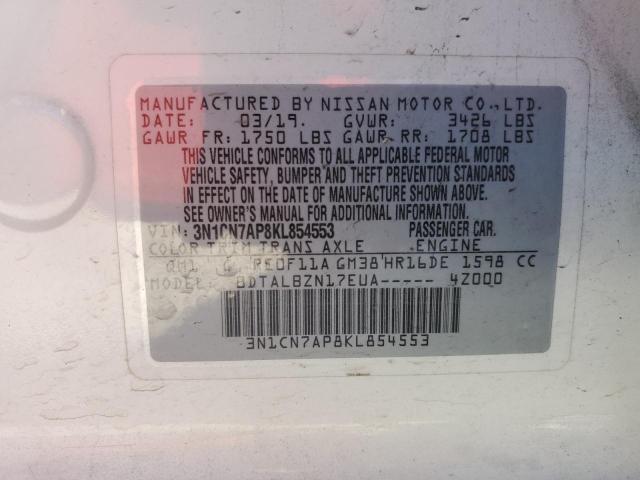 3N1CN7AP8KL854553 - 2019 NISSAN VERSA S WHITE photo 12