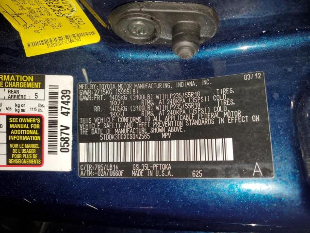 5TDDK3DCXCS042565 - 2012 TOYOTA SIENNA XLE BLUE photo 14